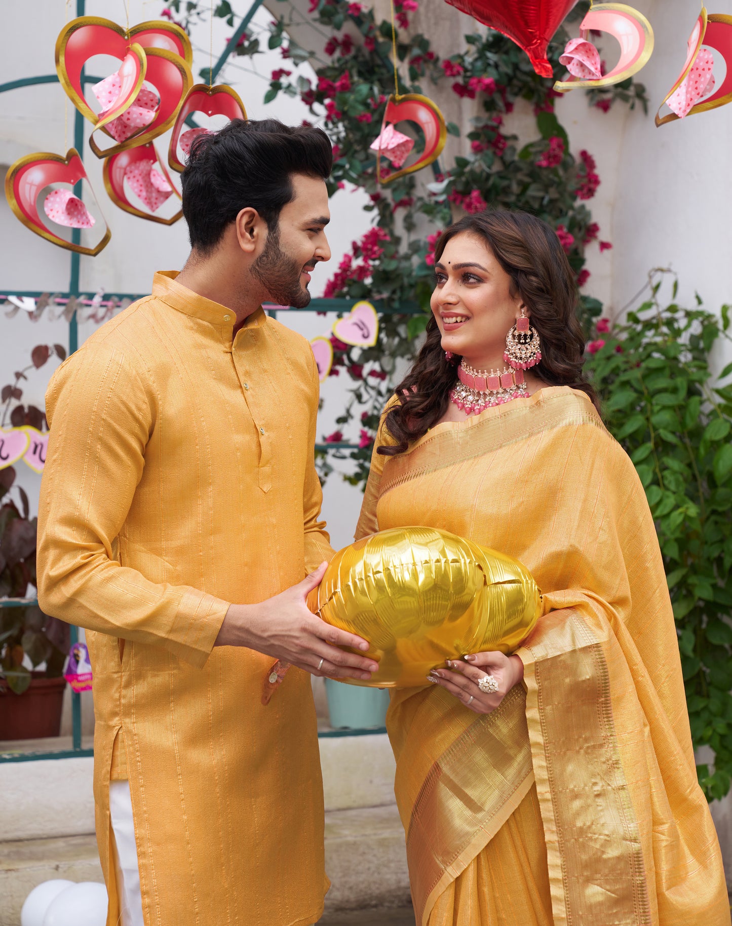 Sumitra Yellow Silk Couple Wear Saree with Kurta
