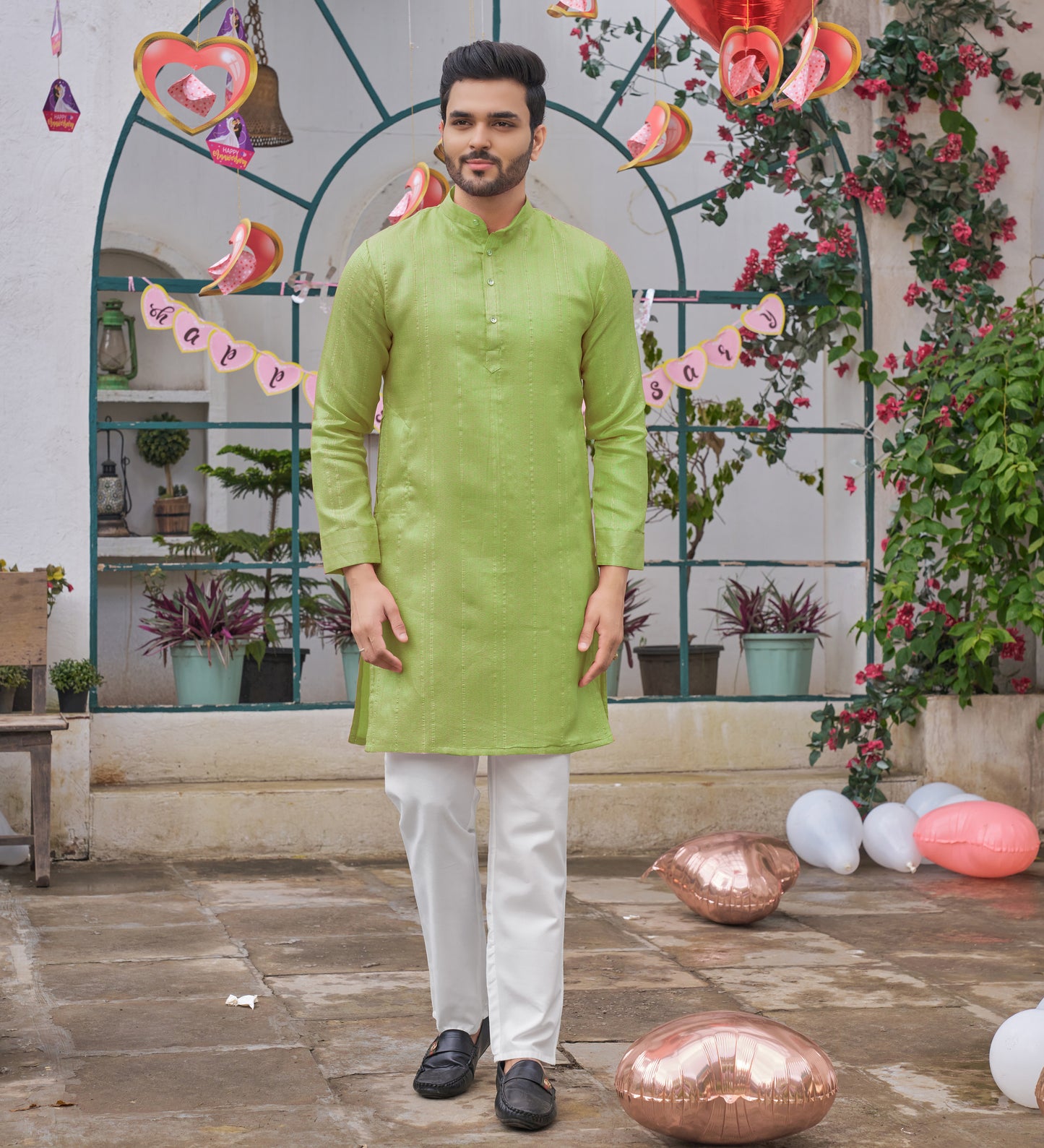 Sumitra Green Silk Couple Wear Saree with Kurta