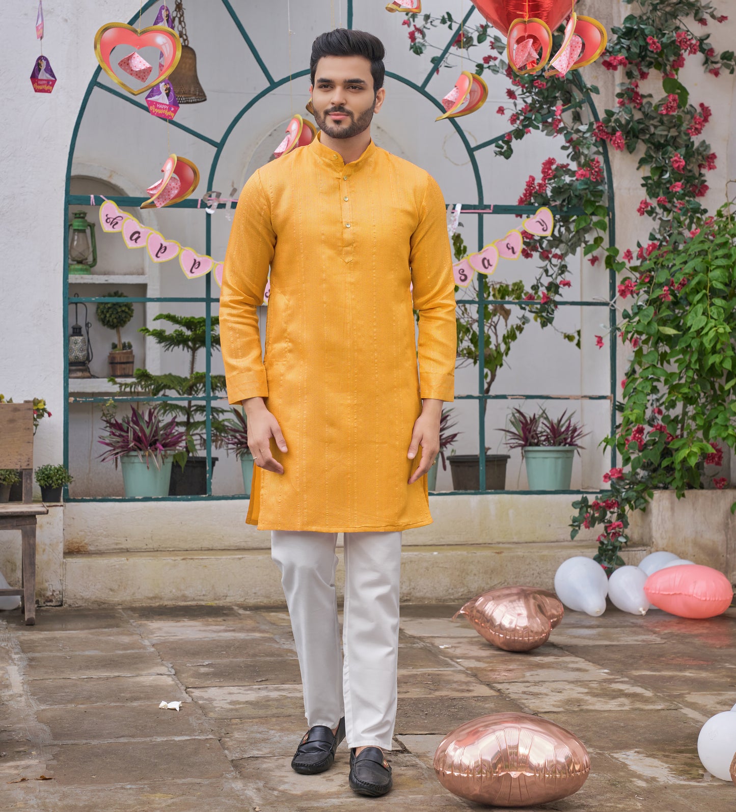 Sumitra Yellow Silk Couple Wear Saree with Kurta