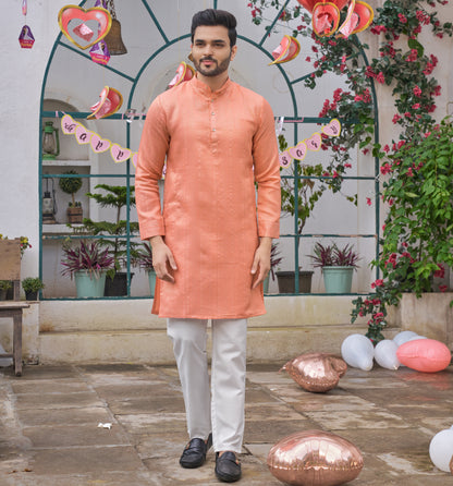 Sumitra Peach Silk Couple Wear Saree with Kurta