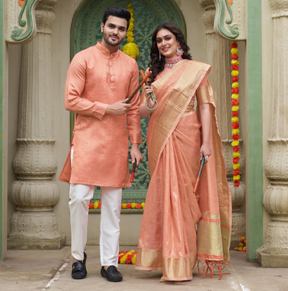 Sumitra Peach Silk Couple Wear Saree with Kurta