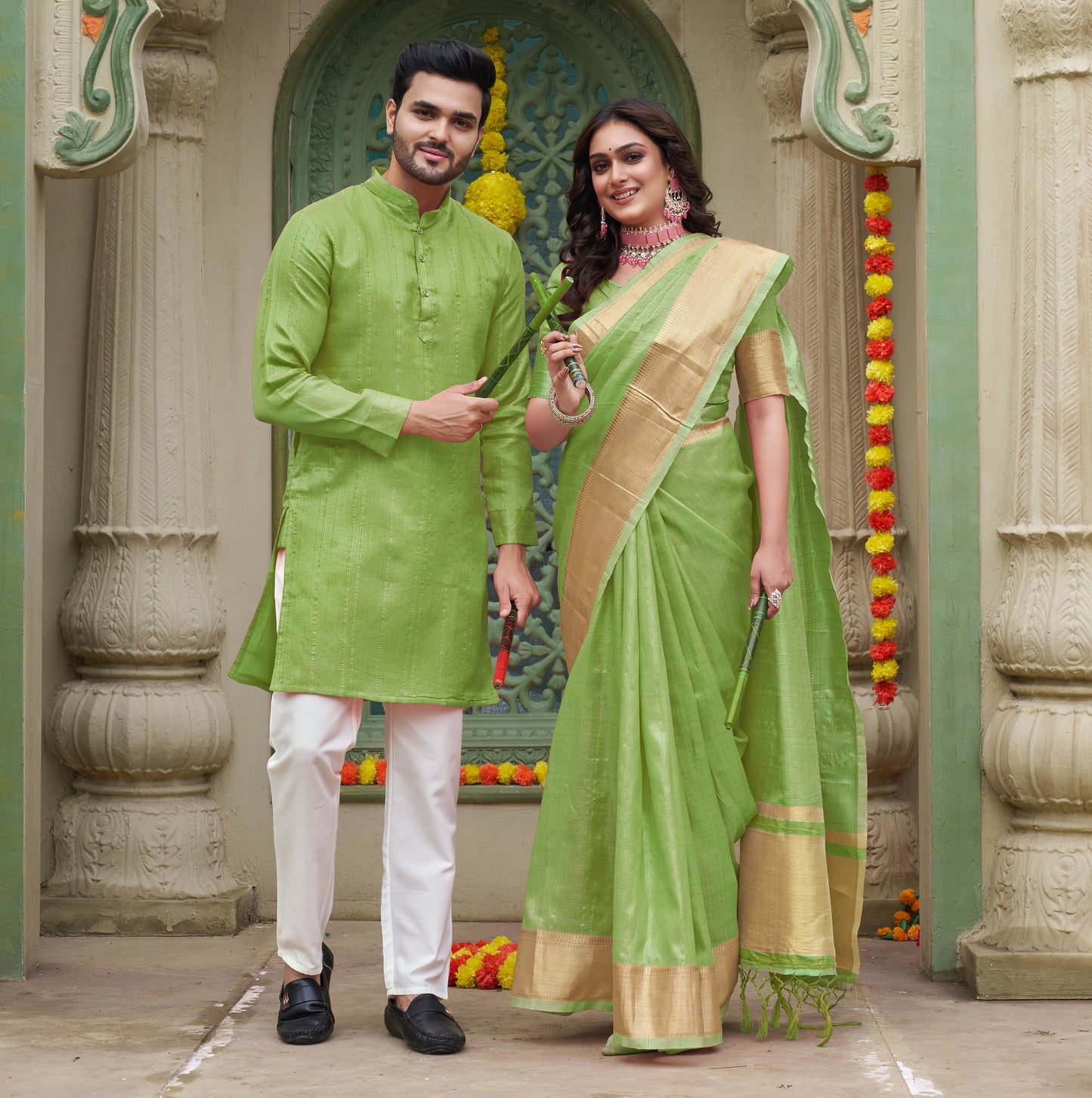 Sumitra Green Silk Couple Wear Saree with Kurta