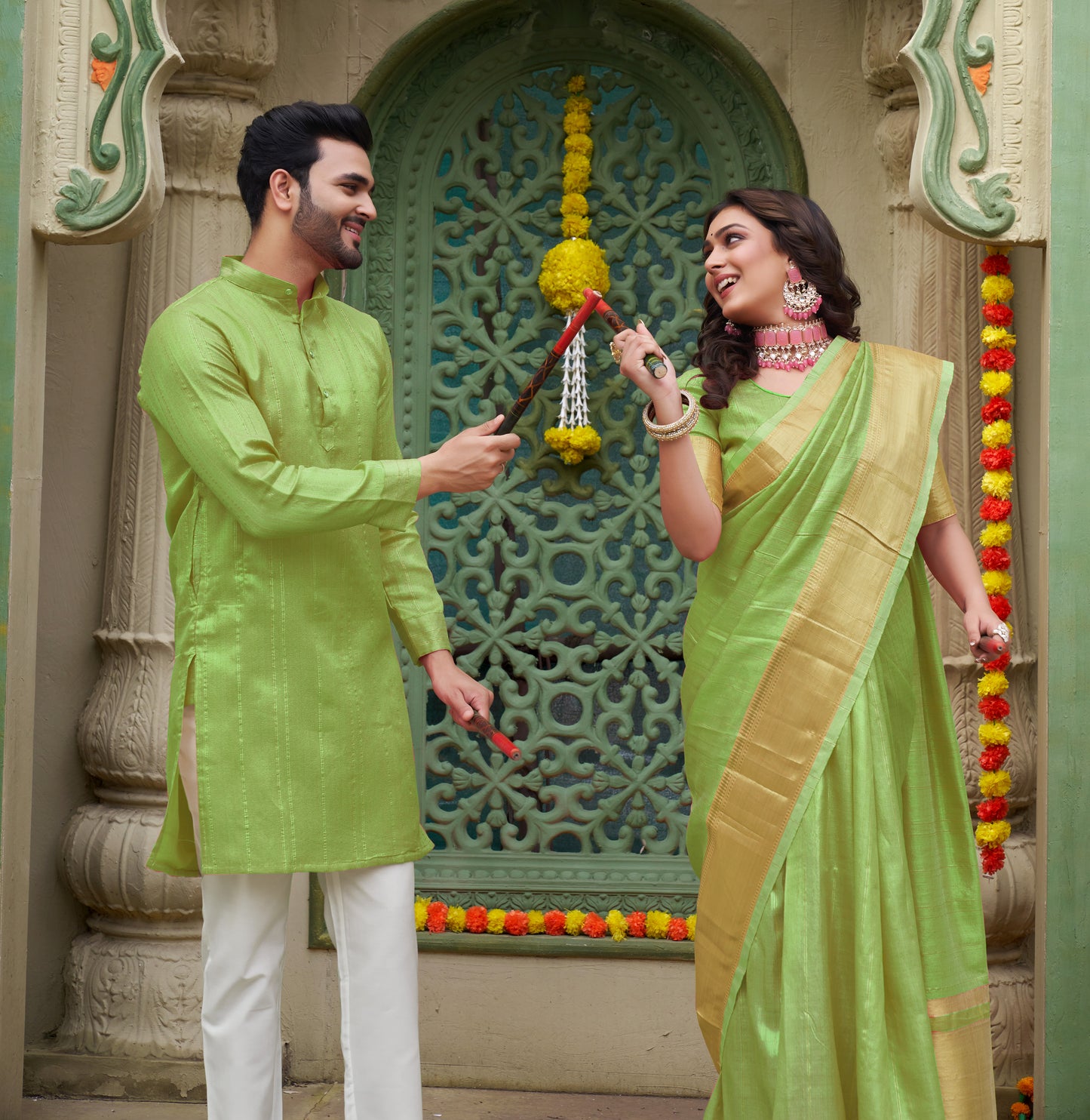 Sumitra Green Silk Couple Wear Saree with Kurta