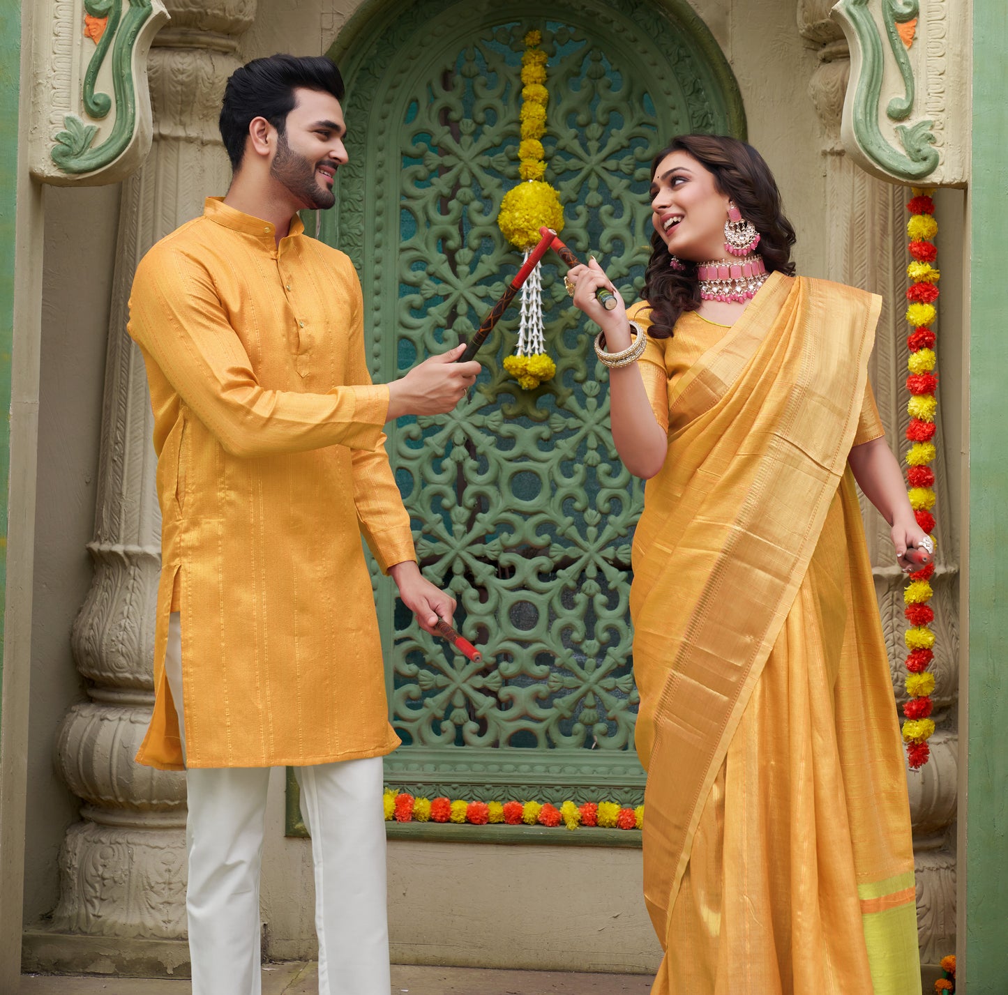 Sumitra Yellow Silk Couple Wear Saree with Kurta