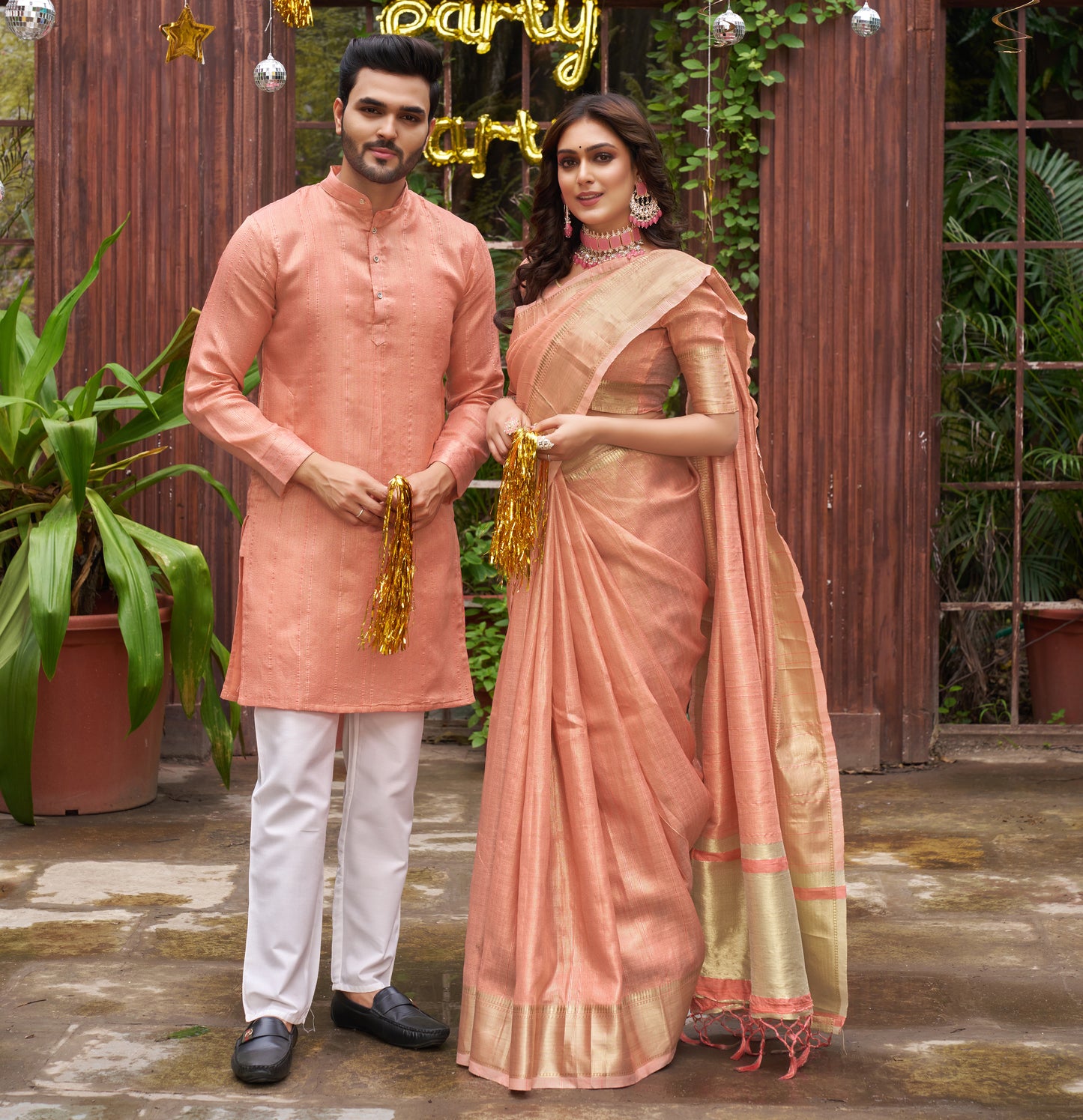 Sumitra Peach Silk Couple Wear Saree with Kurta