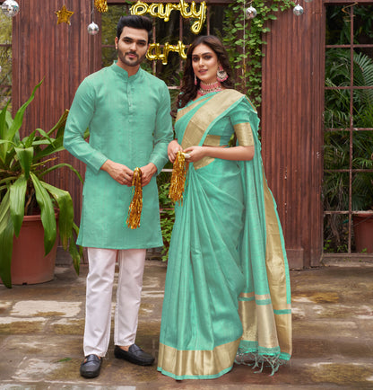 Sumitra Teal Blue Silk Couple Wear Saree with Kurta