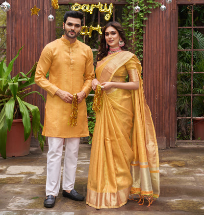 Sumitra Yellow Silk Couple Wear Saree with Kurta