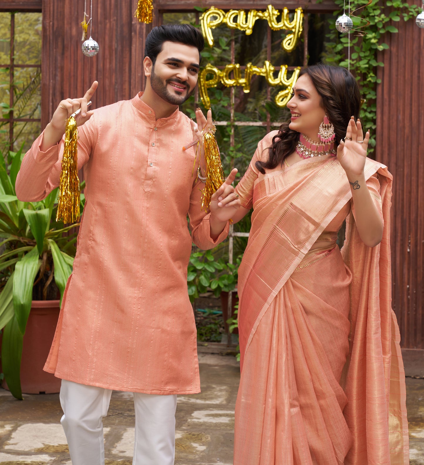 Sumitra Peach Silk Couple Wear Saree with Kurta
