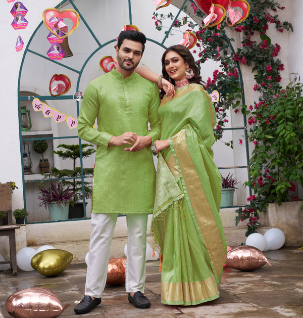 Sumitra Green Silk Couple Wear Saree with Kurta