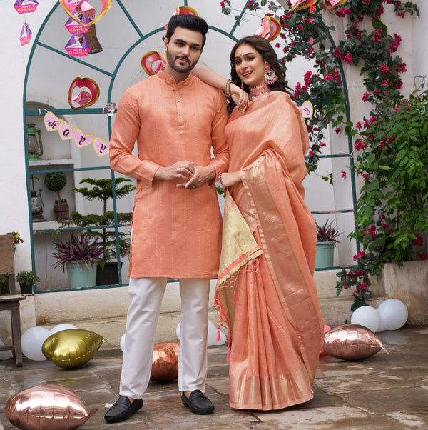 Sumitra Peach Silk Couple Wear Saree with Kurta