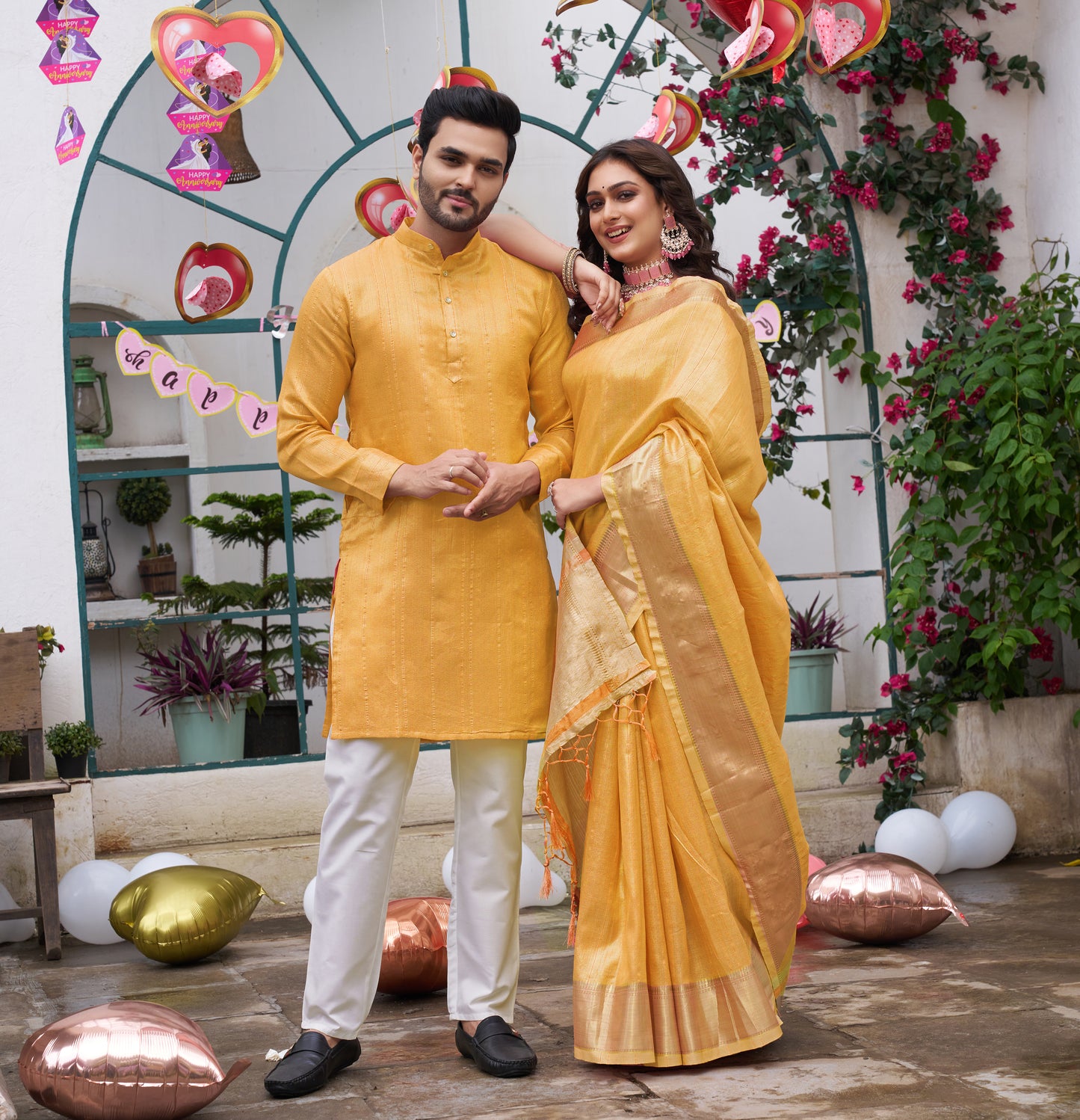 Sumitra Yellow Silk Couple Wear Saree with Kurta
