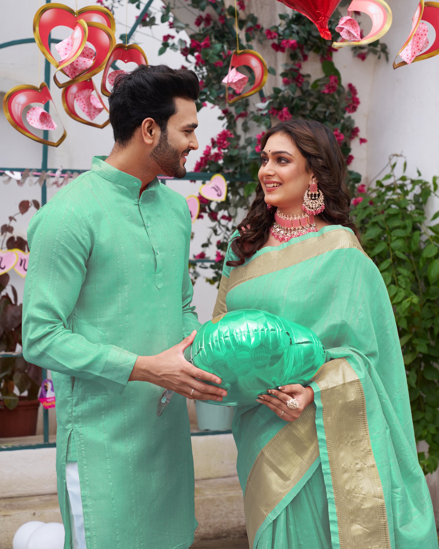 Sumitra Teal Blue Silk Couple Wear Saree with Kurta