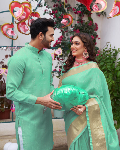Sumitra Teal Blue Silk Couple Wear Saree with Kurta