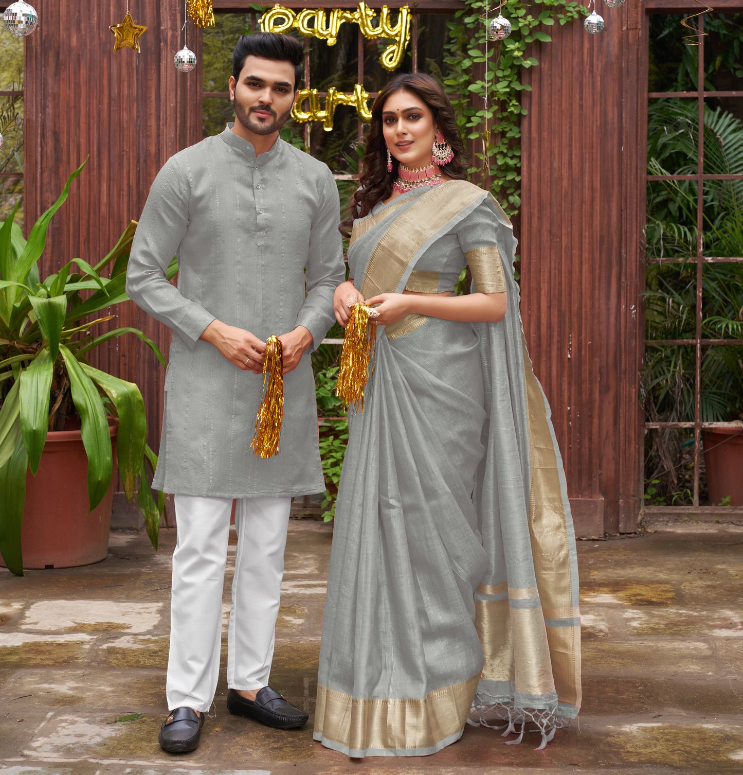 Sumitra Grey Silk Couple Wear Saree with Kurta