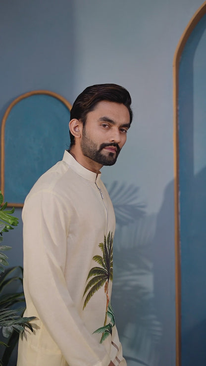 Shopgarb Men’s Light Yellow Cambric Cotton Printed Kurta