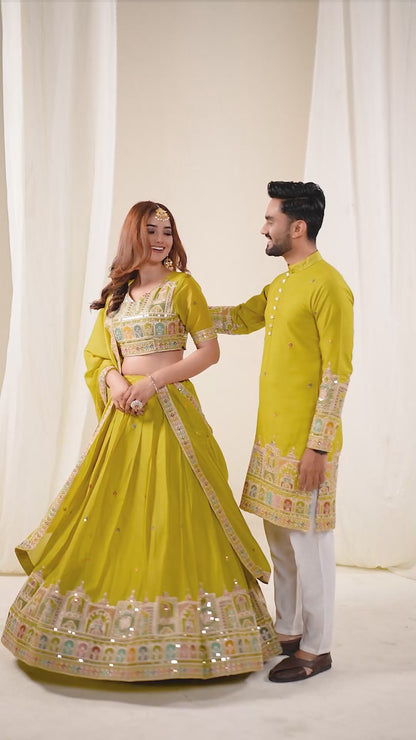Shopgarb Lime Green Embroidered Lehenga & Matching Men's Kurta Set