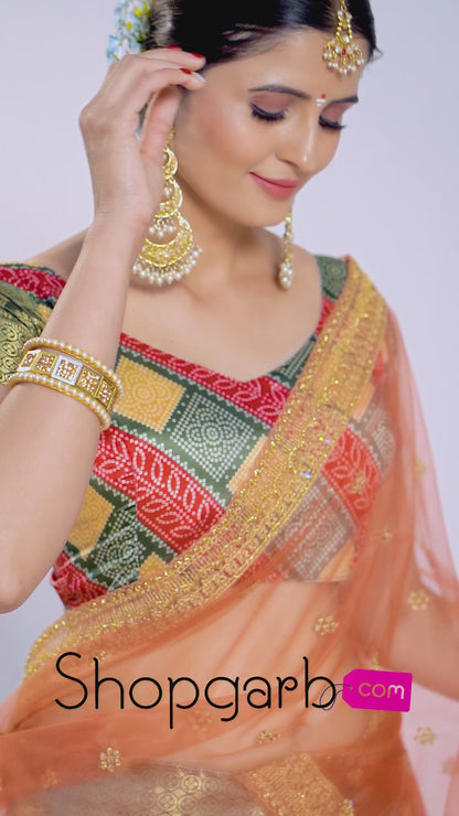 Orange Weaving Work and Floral Printed Banarasi Silk Pattu Half Saree