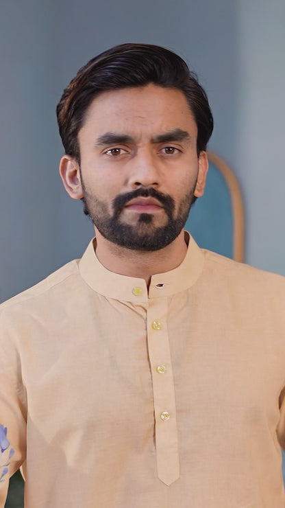 Shopgarb Men’s Beige Cambric Cotton Floral Printed Kurta