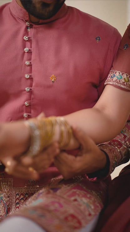 Shopgarb Pink Embroidered Lehenga & Matching Men's Kurta Set