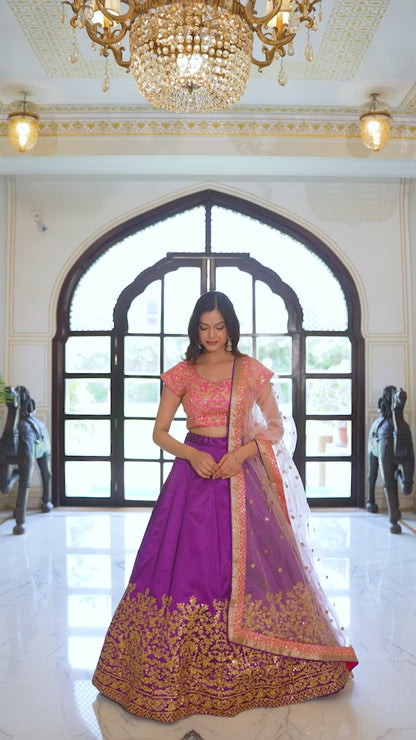 Purple and Pink Zari, Dori and Sequins Embroidered Lehenga Choli