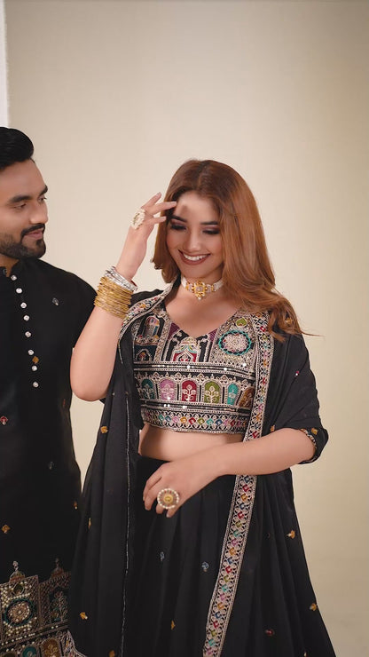 Shopgarb Black Embroidered Lehenga & Matching Men's Kurta Set