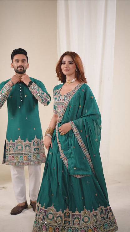 Shopgarb Turquoise Embroidered Lehenga & Matching Men's Kurta Set