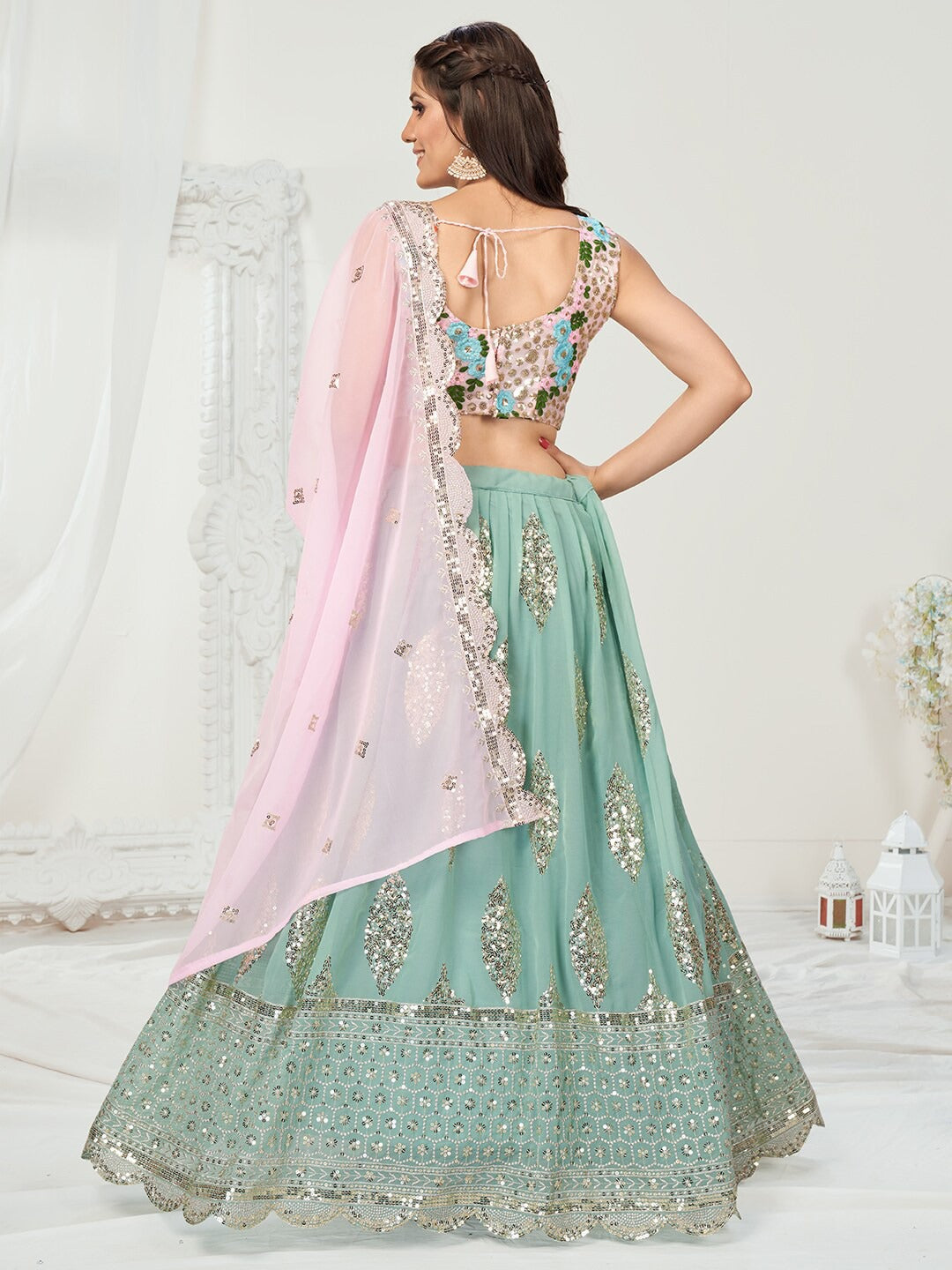 Pista Green & Pink Georgette Sequins Embroidered Sangeet Lehenga Choli