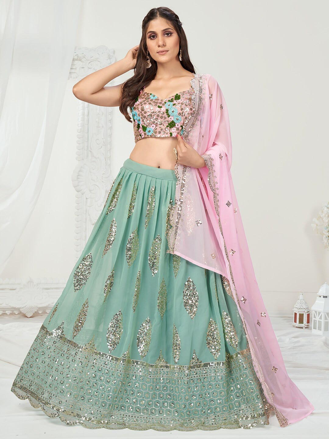 Pista Green & Pink Georgette Sequins Embroidered Sangeet Lehenga Choli