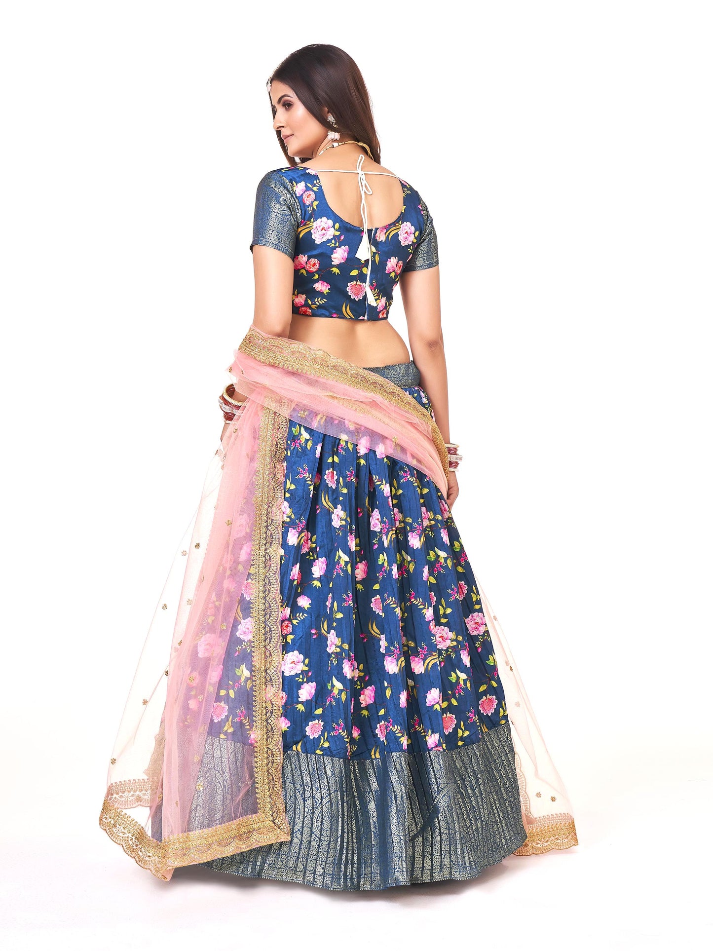 Brand New Blue Lichi Banarasi Silk Half Saree Lehenga Choli For Girls