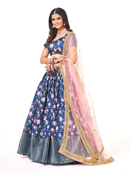 Brand New Blue Lichi Banarasi Silk Half Saree Lehenga Choli For Girls