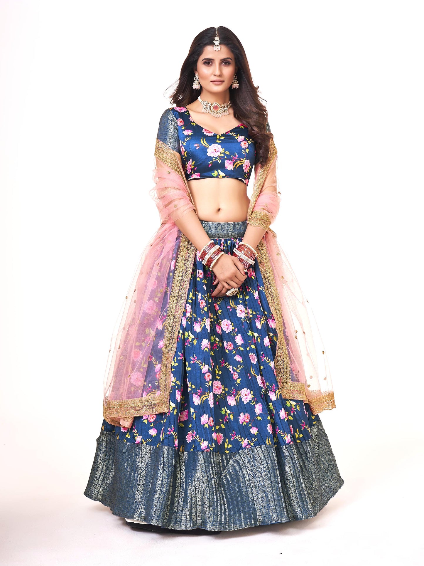 Brand New Blue Lichi Banarasi Silk Half Saree Lehenga Choli For Girls