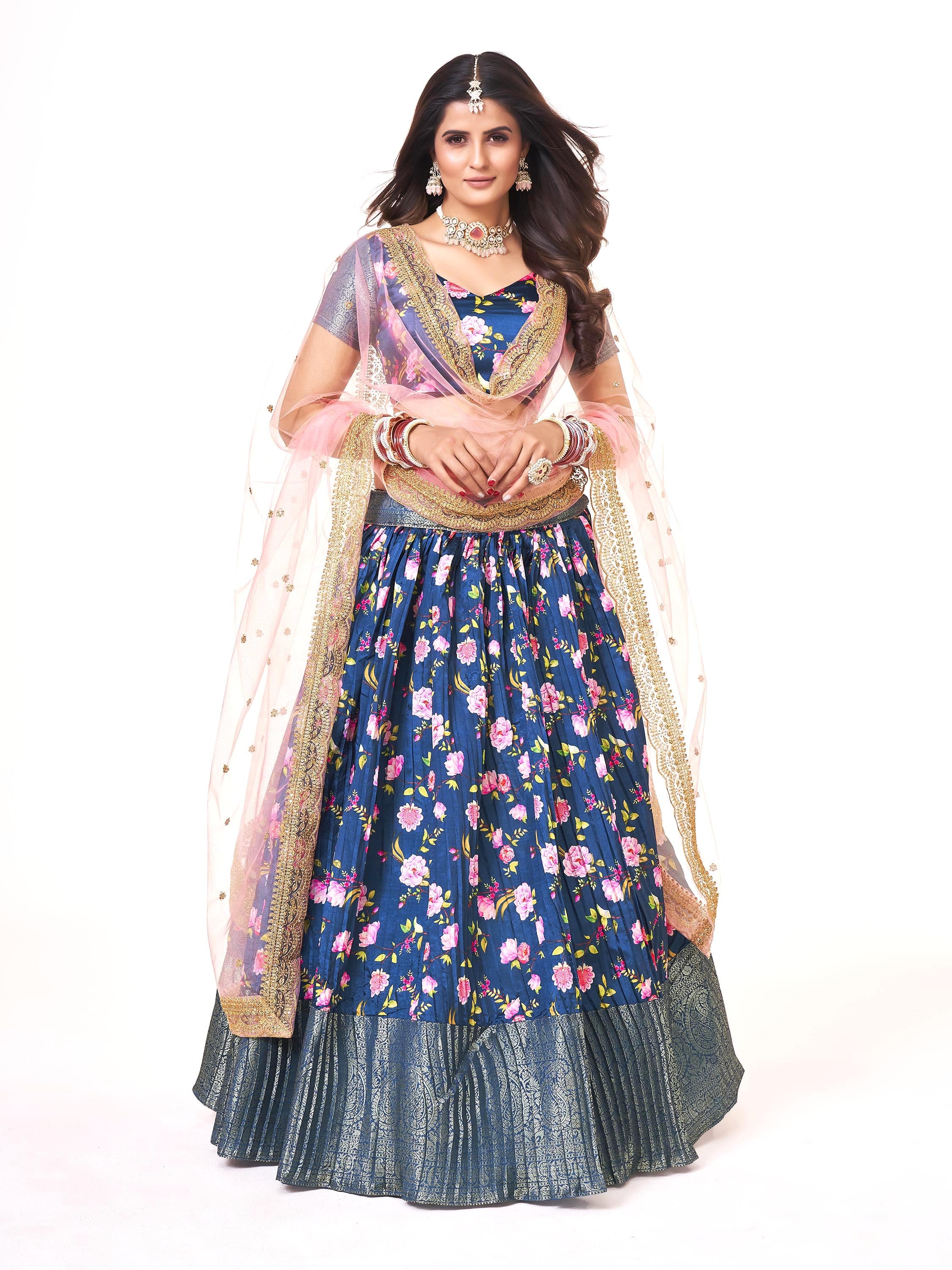 Brand New Blue Lichi Banarasi Silk Half Saree Lehenga Choli For Girls