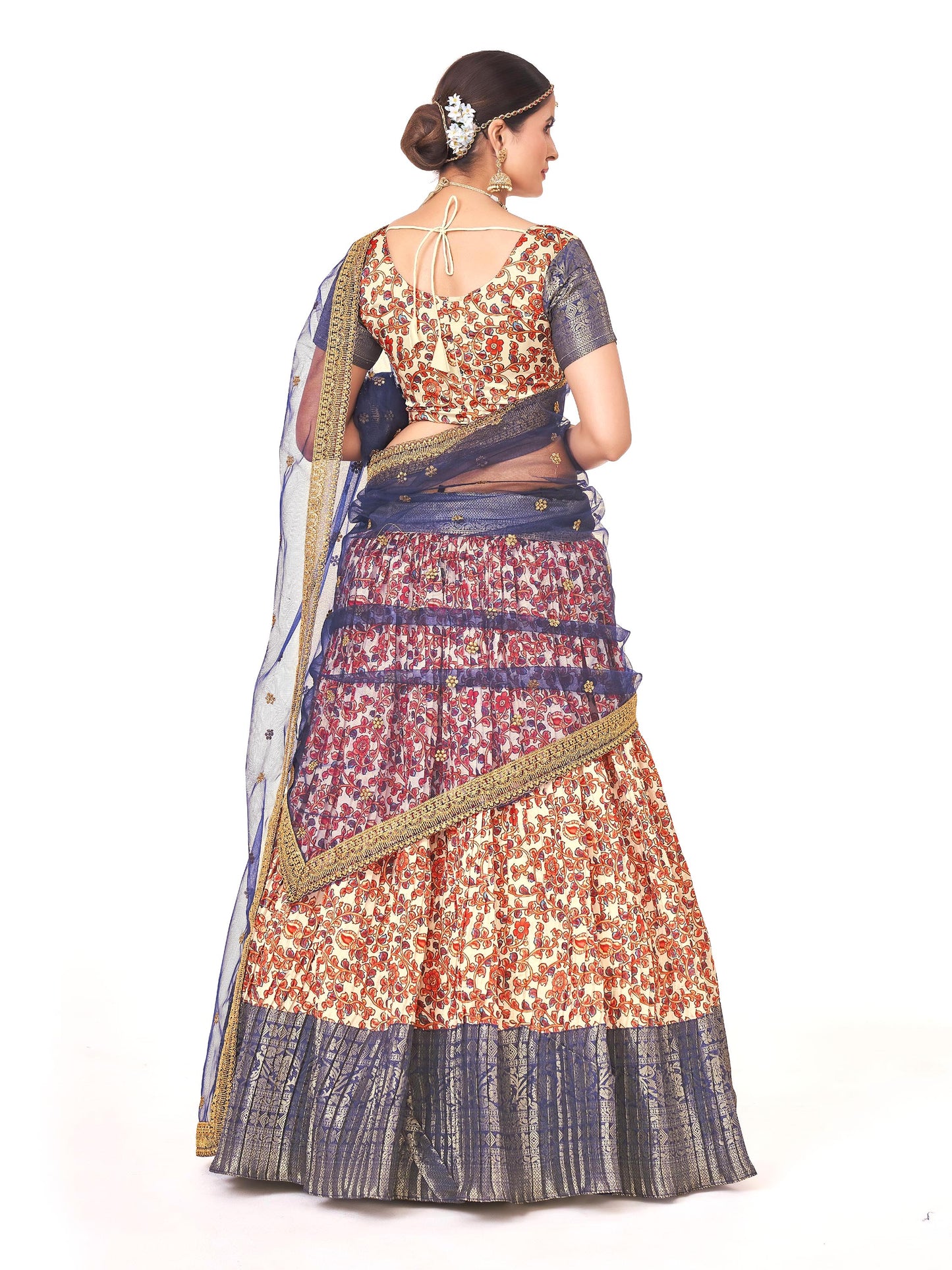 Stunning Cream & Dark Blue Banarasi Floral Printed Weaving Work Half Saree Lehenga Choli