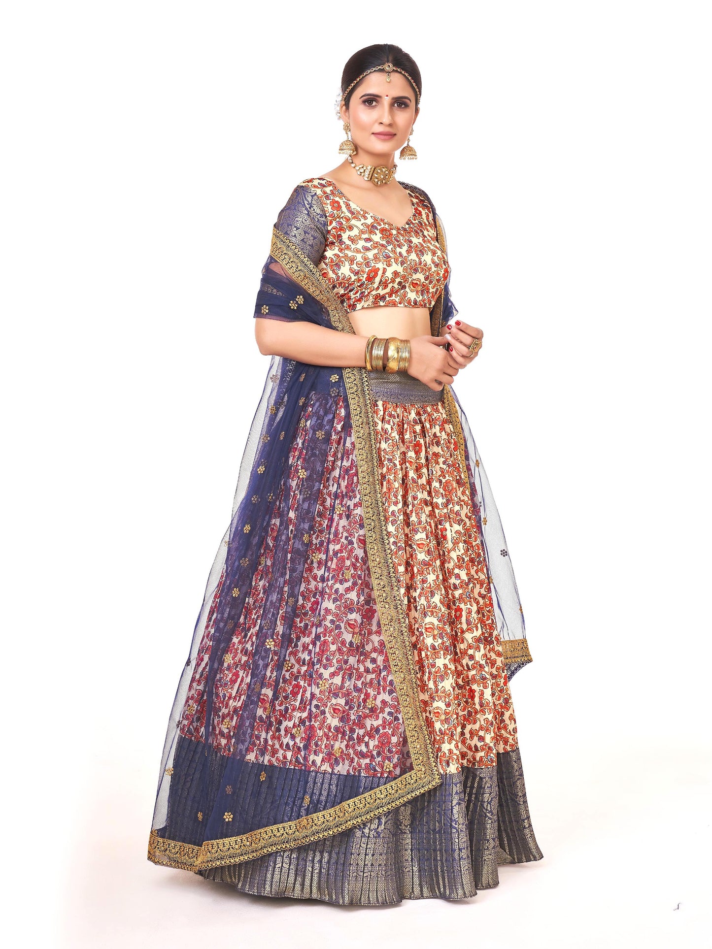 Stunning Cream & Dark Blue Banarasi Floral Printed Weaving Work Half Saree Lehenga Choli