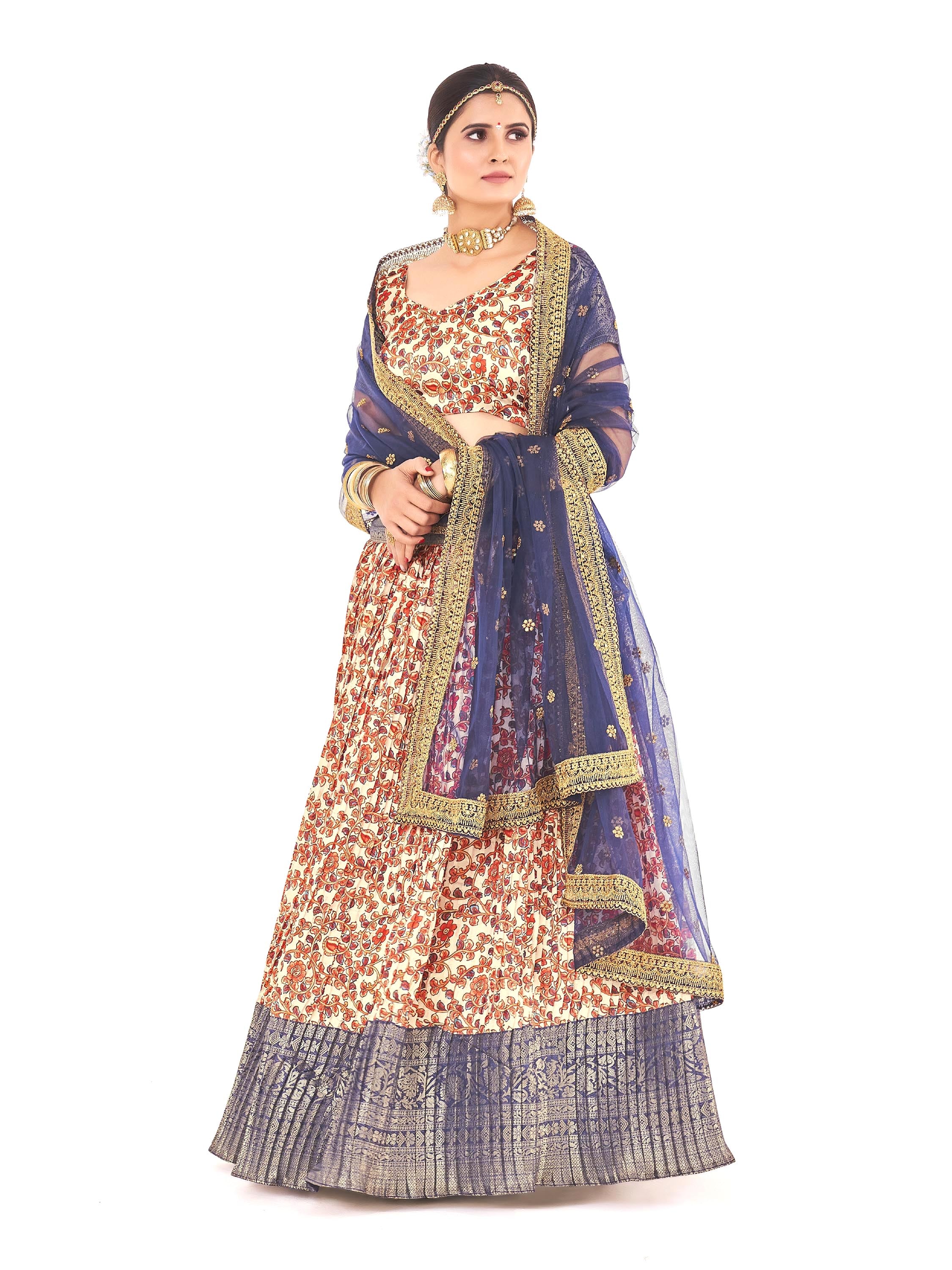 Stunning Cream & Dark Blue Banarasi Floral Printed Weaving Work Half Saree Lehenga Choli