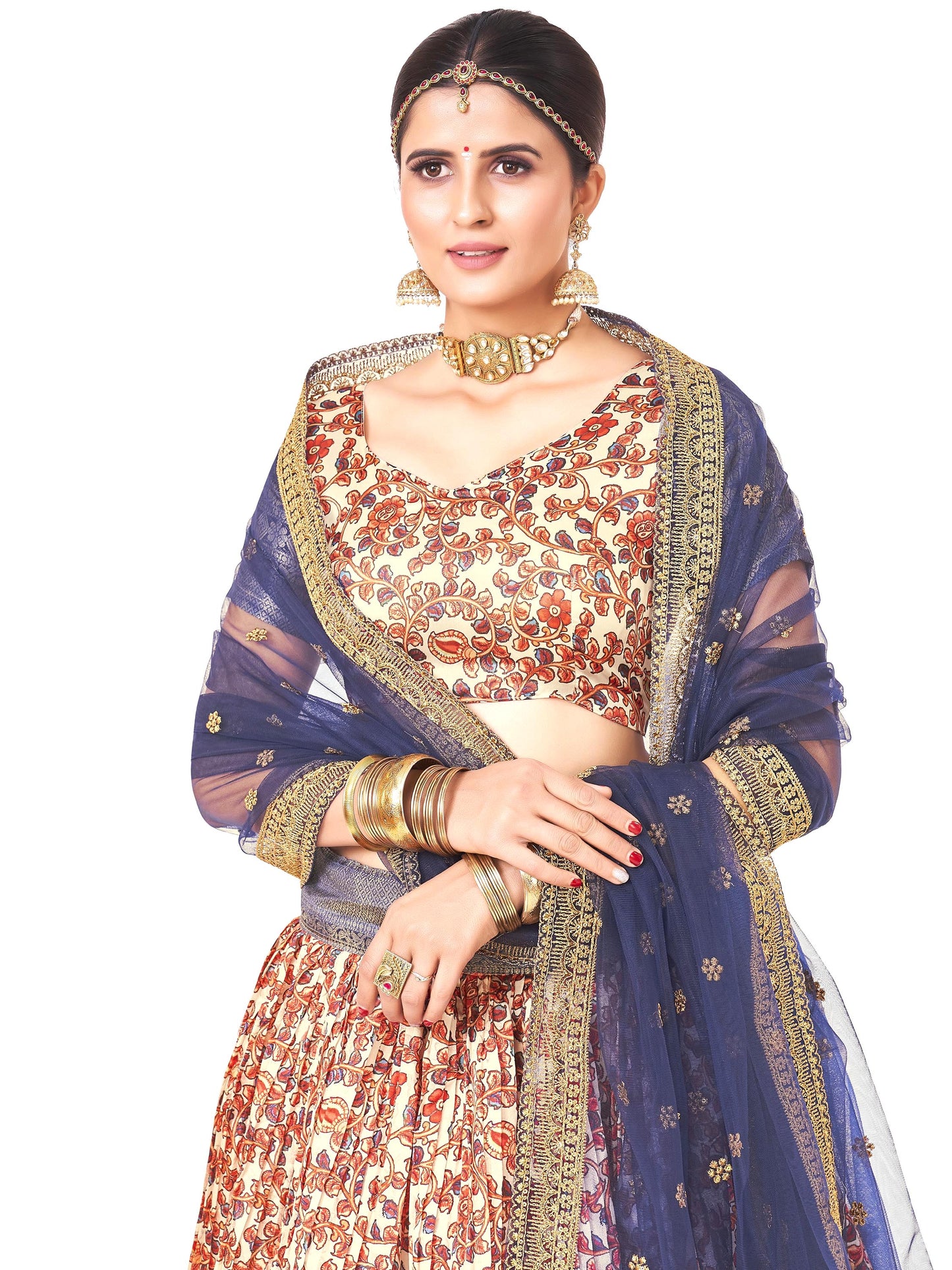 Stunning Cream & Dark Blue Banarasi Floral Printed Weaving Work Half Saree Lehenga Choli