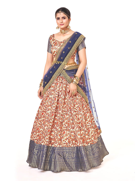 Stunning Cream & Dark Blue Banarasi Floral Printed Weaving Work Half Saree Lehenga Choli