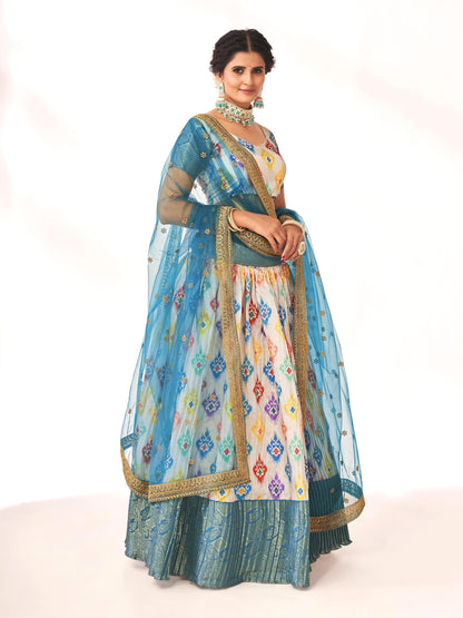 Stunning Off White & Steel Blue Digital Printed Weaving Work Banarasi Pattu Half Saree Lehenga