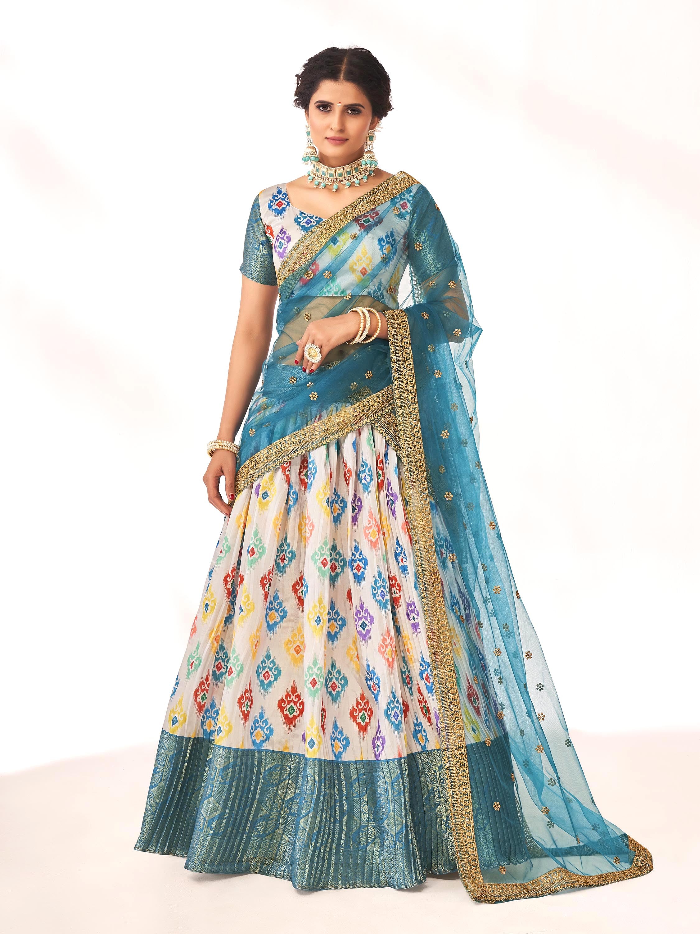 Stunning Off White & Steel Blue Digital Printed Weaving Work Banarasi Pattu Half Saree Lehenga