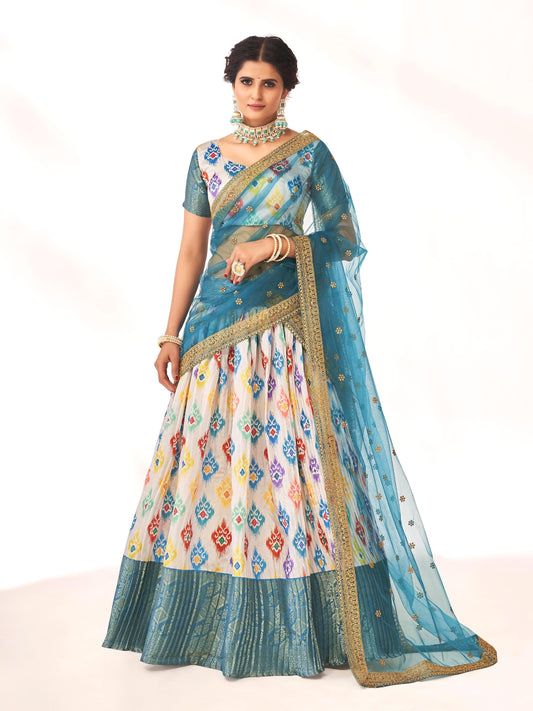 Stunning Off White & Steel Blue Digital Printed Weaving Work Banarasi Pattu Half Saree Lehenga