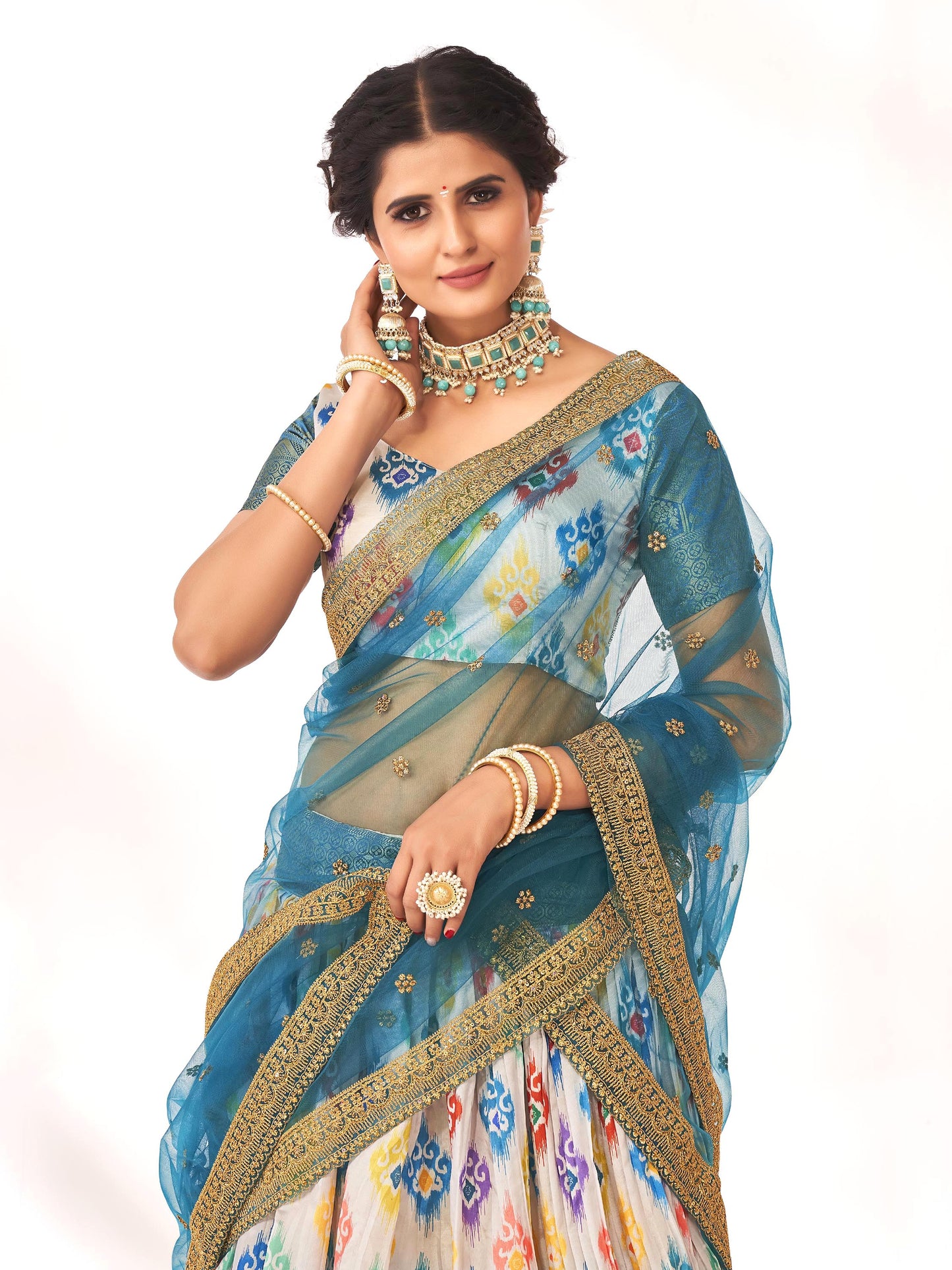 Stunning Off White & Steel Blue Digital Printed Weaving Work Banarasi Pattu Half Saree Lehenga
