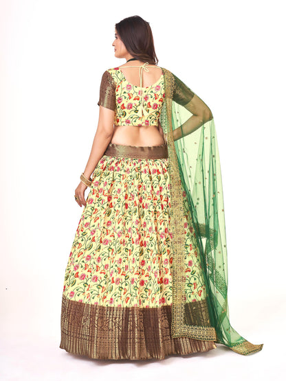 Lime Yellow & Brown Floral Printed Banarasi Silk Half Saree Lehenga Choli For Girls