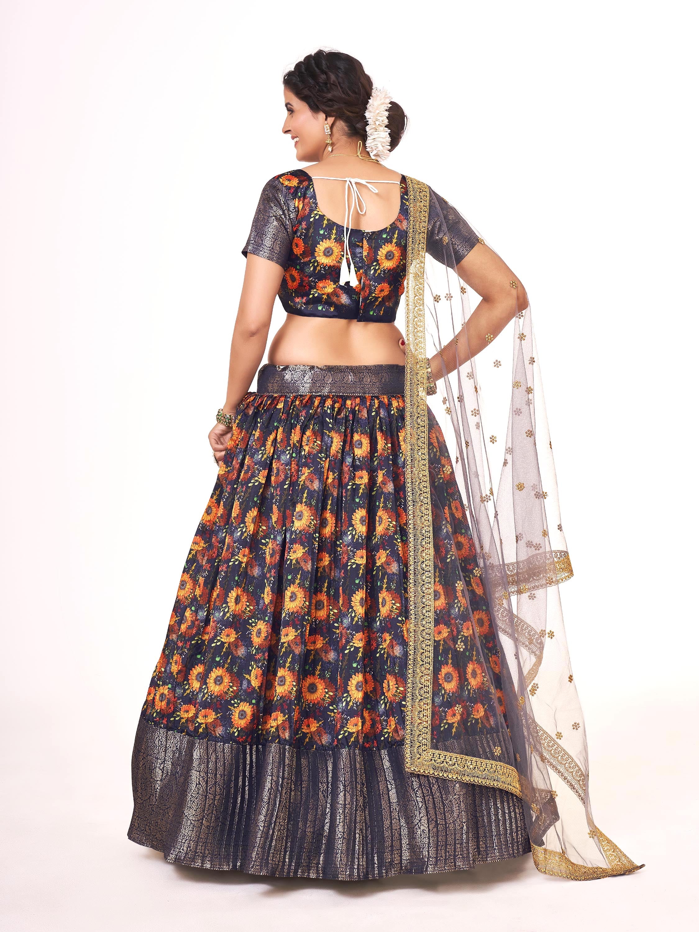Violet Indigo Floral Printed Weaving Work Banarasi Silk Half Saree Lehenga Choli