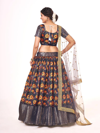 Violet Indigo Floral Printed Weaving Work Banarasi Silk Half Saree Lehenga Choli