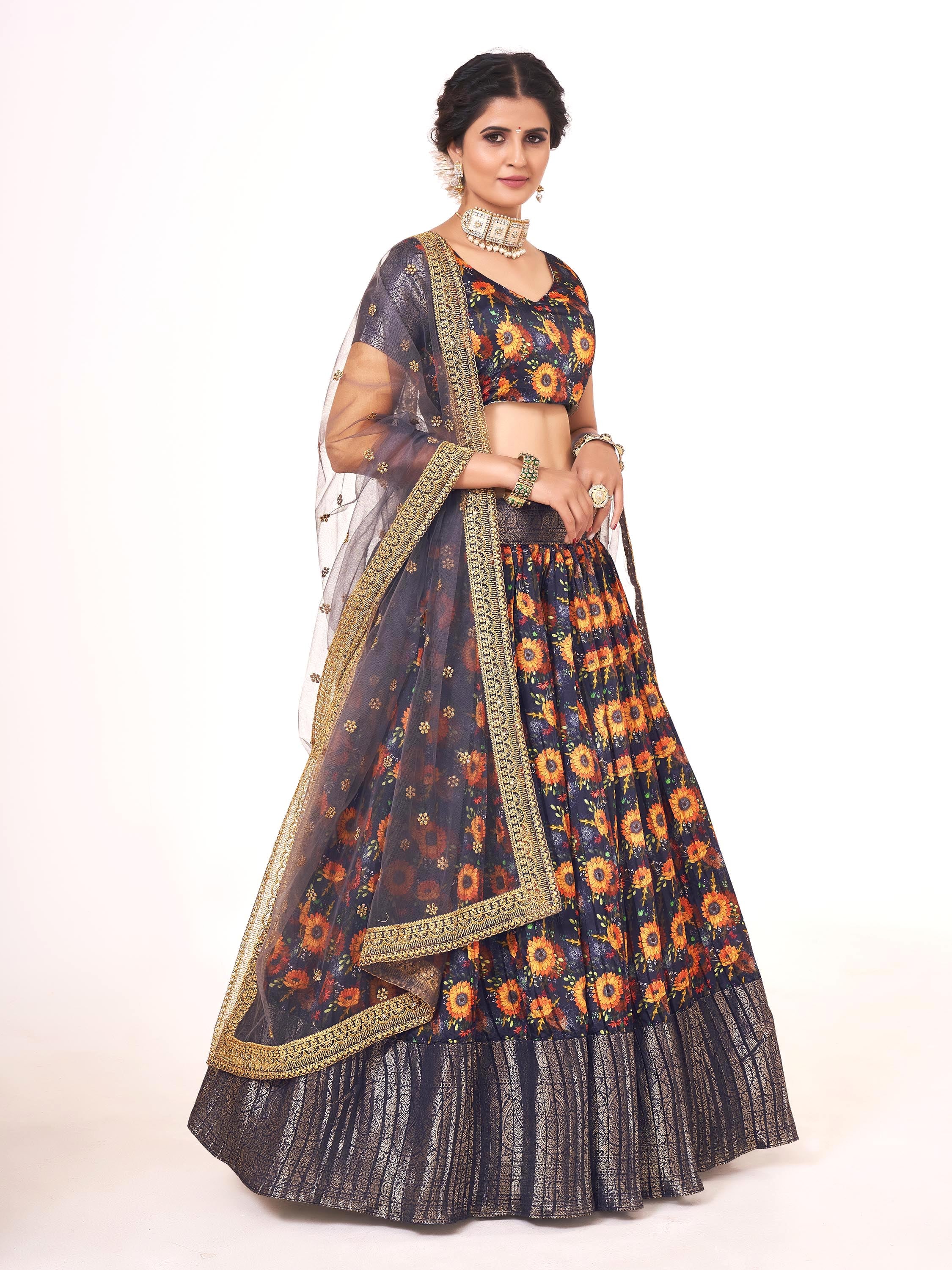 Violet Indigo Floral Printed Weaving Work Banarasi Silk Half Saree Lehenga Choli