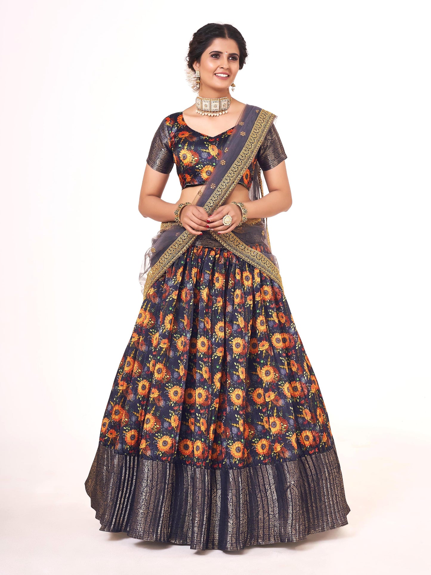 Violet Indigo Floral Printed Weaving Work Banarasi Silk Half Saree Lehenga Choli