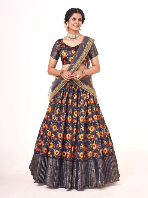 Violet Indigo Floral Printed Weaving Work Banarasi Silk Half Saree Lehenga Choli