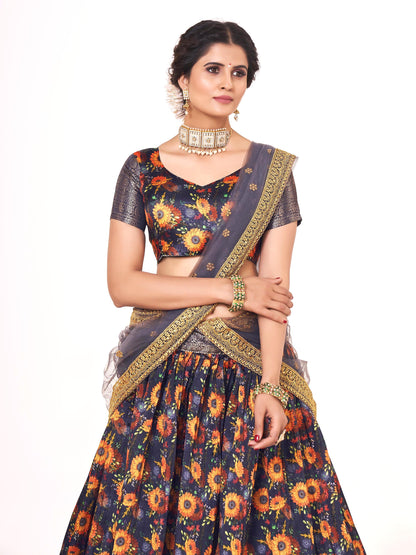 Violet Indigo Floral Printed Weaving Work Banarasi Silk Half Saree Lehenga Choli