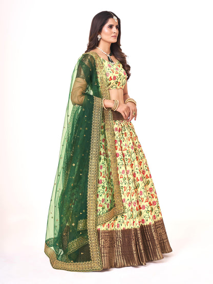 Lime Yellow & Brown Floral Printed Banarasi Silk Half Saree Lehenga Choli For Girls