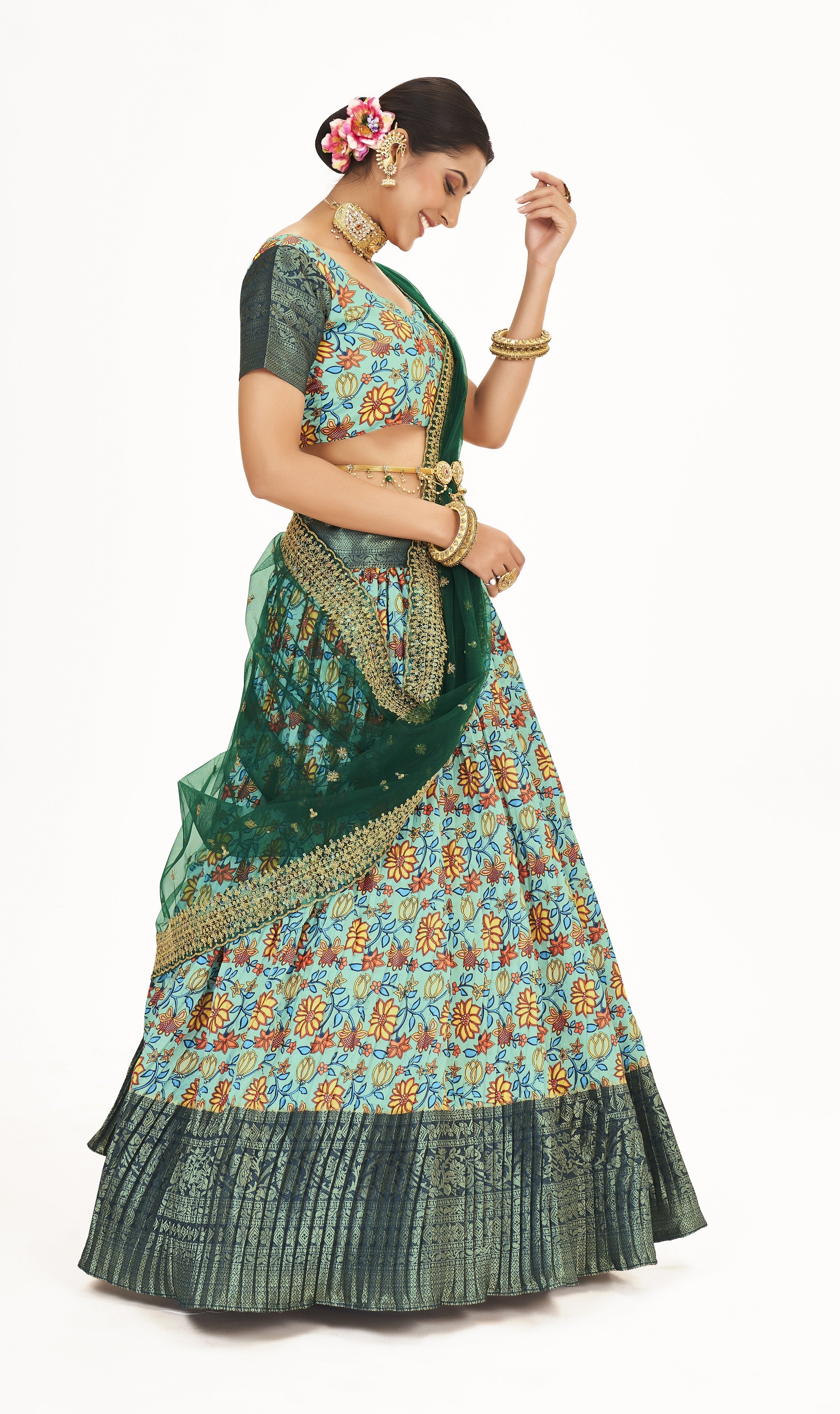 Sea Green & Dark Green Floral Printed Weaving Work Banarasi Pattu Half Saree